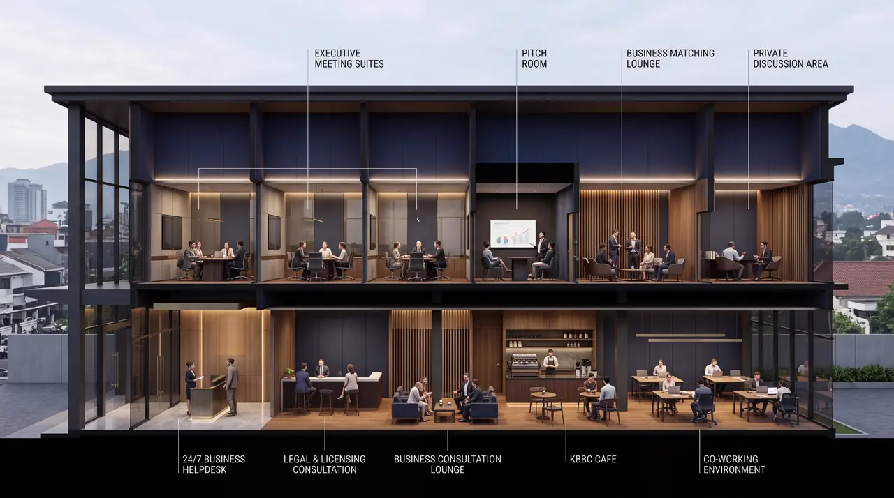 Ilustrasi potongan gedung layanan dengan ruang konsultasi, ruang rapat, dan kafe
